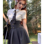 Twice Sana Inspo Black Button High-waist Pleated Skirt-KPOP Outfits