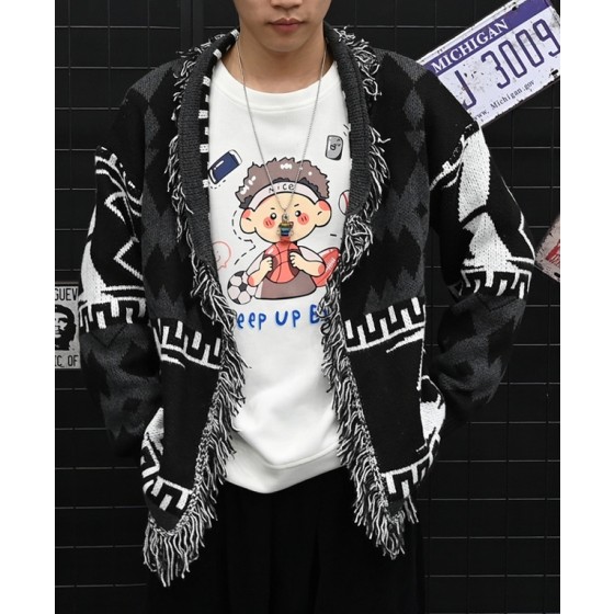 黒color-blocked cardigan-Jin-Outfits