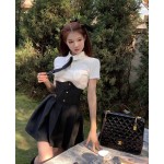 Twice Sana Inspo Black Button High-waist Pleated Skirt-KPOP Outfits