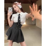 Twice Sana Inspo Black Button High-waist Pleated Skirt-KPOP Outfits