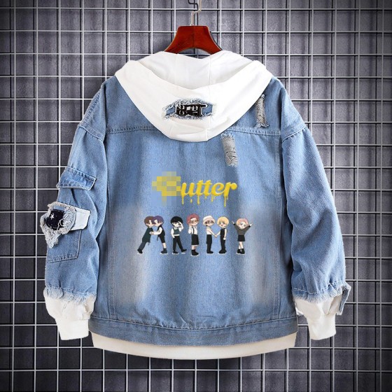 Korean Style Butter Print Fake Two-Piece Denim Hoodie BTS KPOP Inspo Outfits