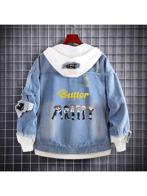 Korean Style Butter Print Fake Two-Piece Denim Hoodie BTS KPOP Inspo Outfits