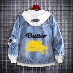 韓国スタイルのバタープリントフェイクツーピースデニムパーカーbts kpop inspo衣装