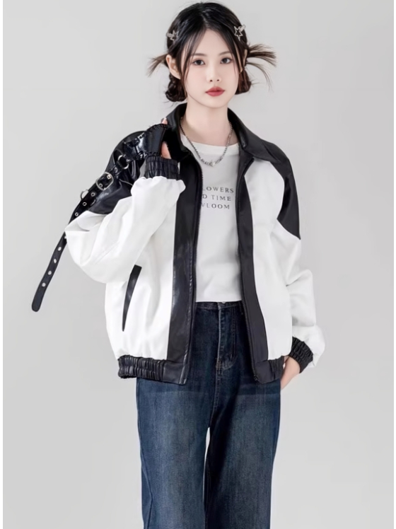 Black and White Faux Leather Motorcycle Jacket Stray Kids - KPOP Inspo Outfits