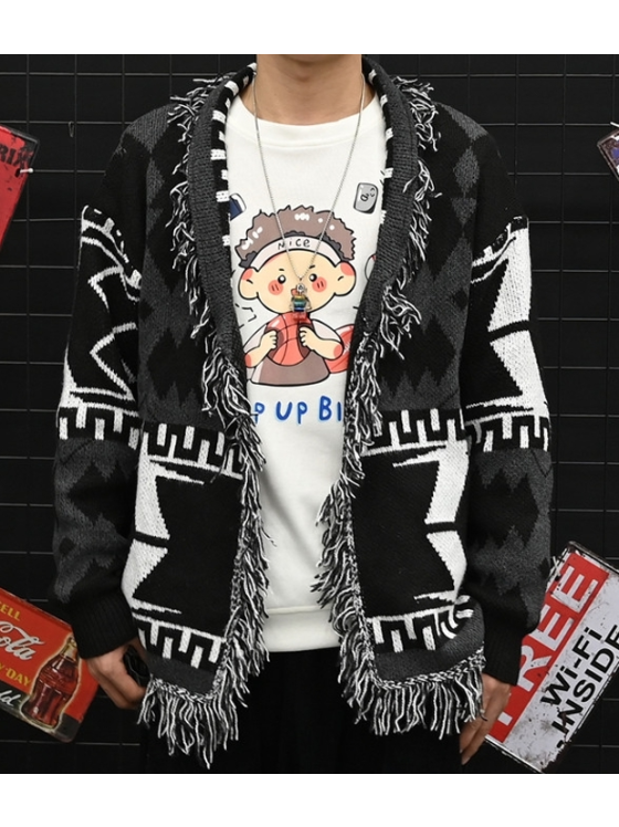 Black color-blocked cardigan-Jin-Outfits