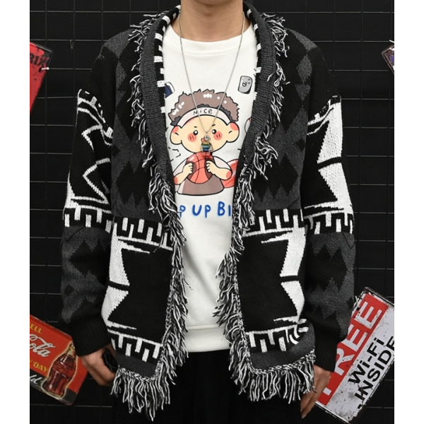 黒color-blocked cardigan-Jin-Outfits