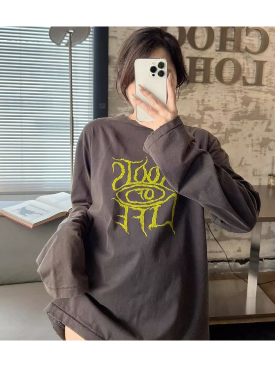 Letter printed washed and aged long sleeve T-shirt- Jimin -Clothing