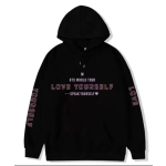 Black lettered long-sleeve hooded sweatshirt BTS KPOP Inspo Outfits