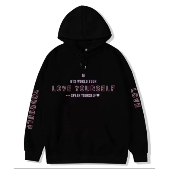 Black lettered long-sleeve hooded sweatshirt BTS KPOP Inspo Outfits